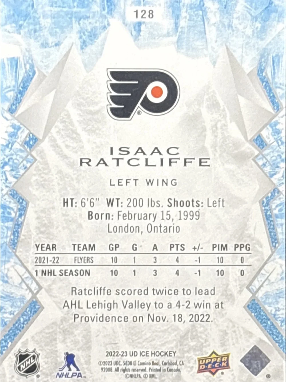 Upper Deck Isaac Ratcliffe Rookie Card - Philadelphia Flyers - Green Refractor